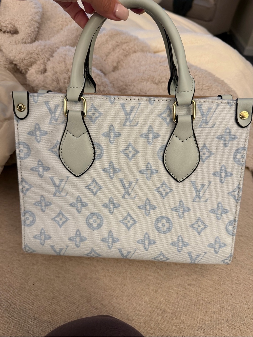 LV inspired on the go  Soft Blue Monogram Canvas Top-Handle Bag gold hardware
